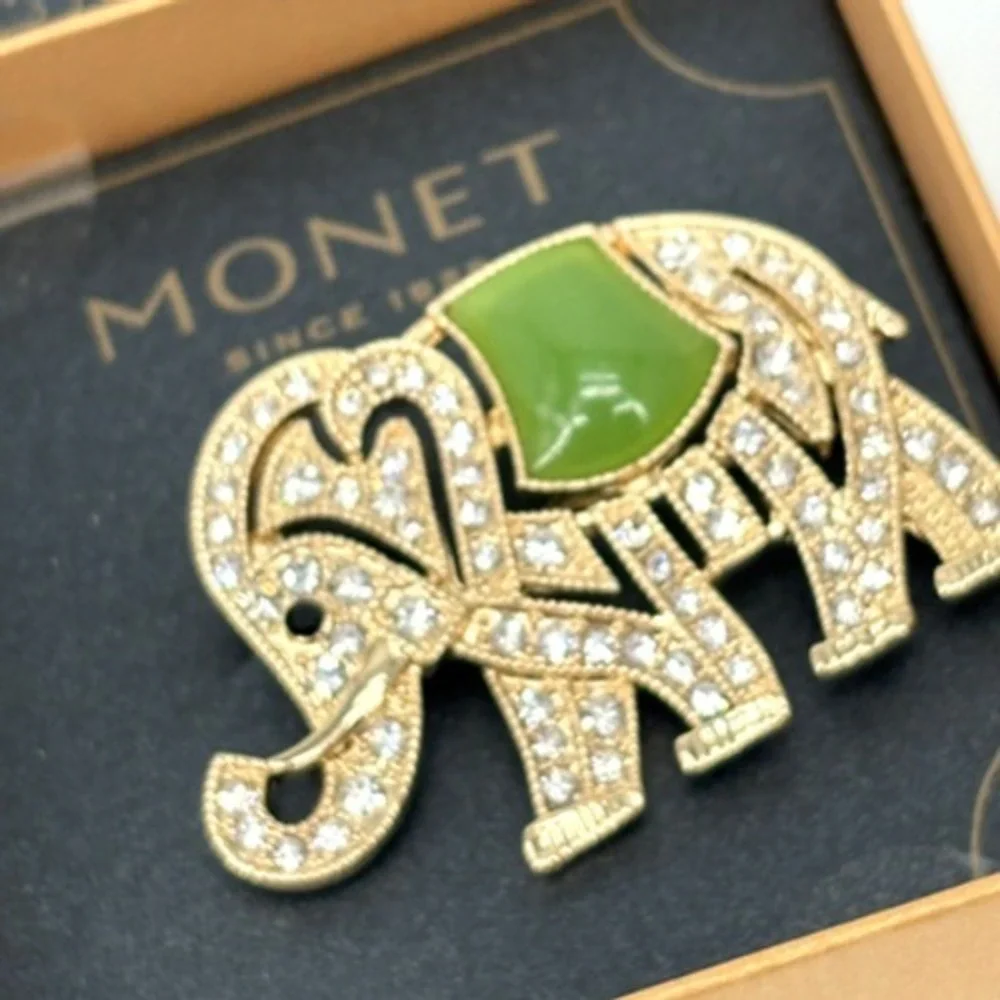 Vintage Monet Elephant Brooch Jade Green and Rhinestone Gold Tone Pin Good Luck